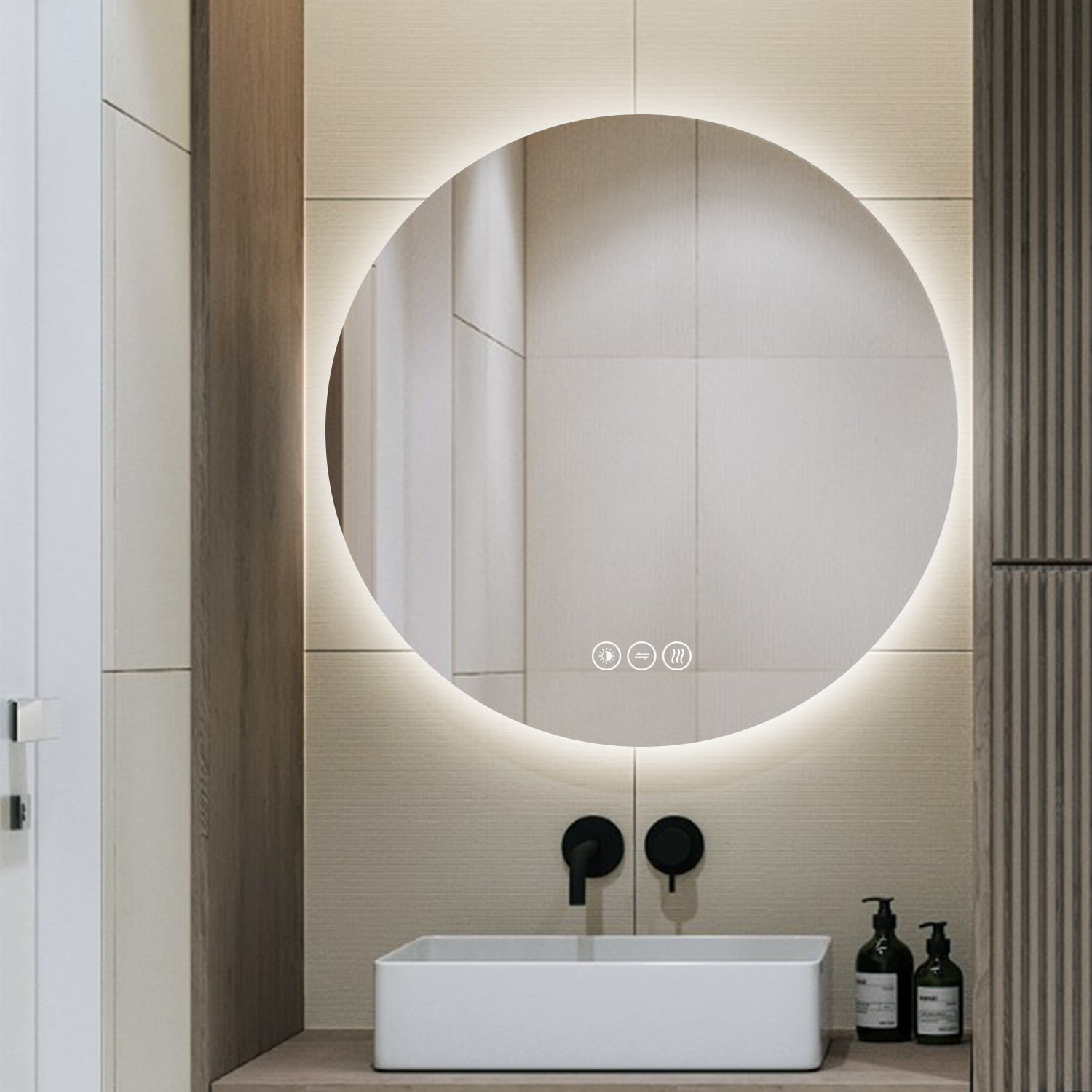 Glimte automat Rå Premium rundt badeværelses spejl med LED, Antidug og Touchsensor -  Wallshop.dk