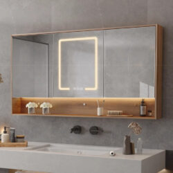 Koniseur spejlskab i trælook. 75x120x14 cm med Led lys, antidug og touchsensor