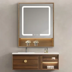 Koniseur spejlskab i trælook med LED lys, antidug og touchsensor - H75 x B60 x D14 cm