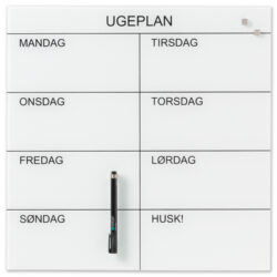 Glas uge tavle 45 x 45 cm. Hvid. Dansk